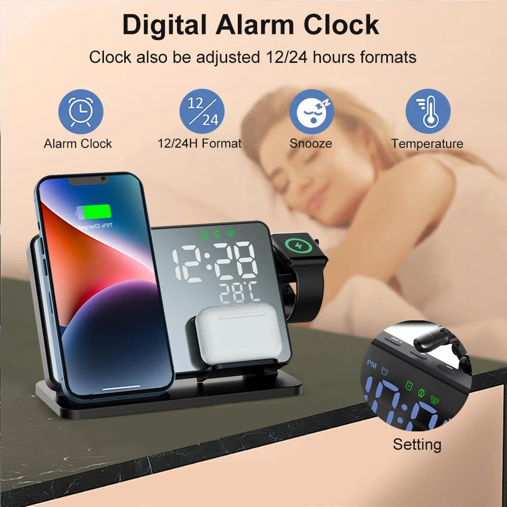 Charly| 3-in-1 Wireless Charging Station with Alarm Clock – Fast Charger for iPhone, Apple Watch & AirPods