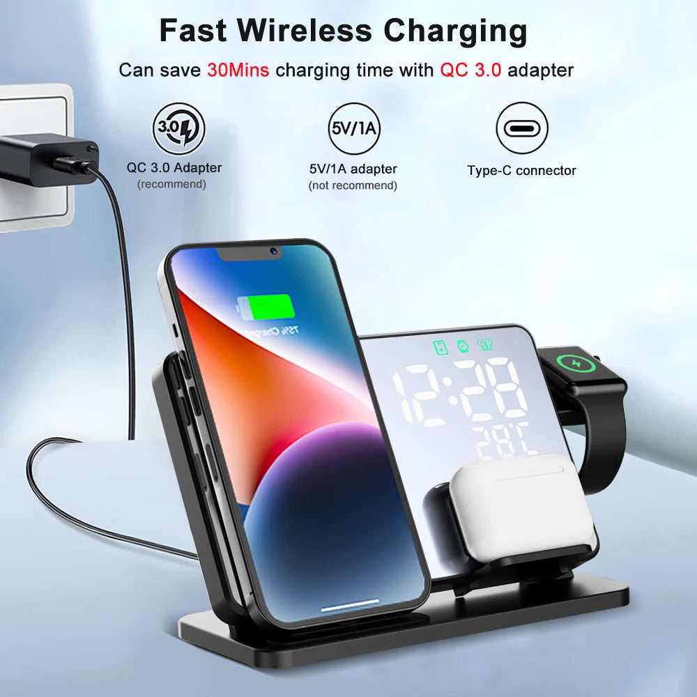 Charly| 3-in-1 Wireless Charging Station with Alarm Clock – Fast Charger for iPhone, Apple Watch & AirPods