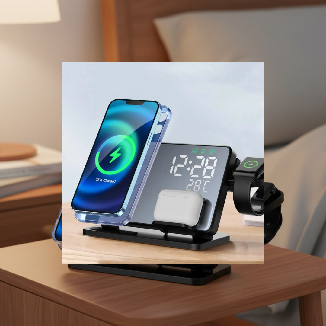Charly| 3-in-1 Wireless Charging Station with Alarm Clock – Fast Charger for iPhone, Apple Watch & AirPods