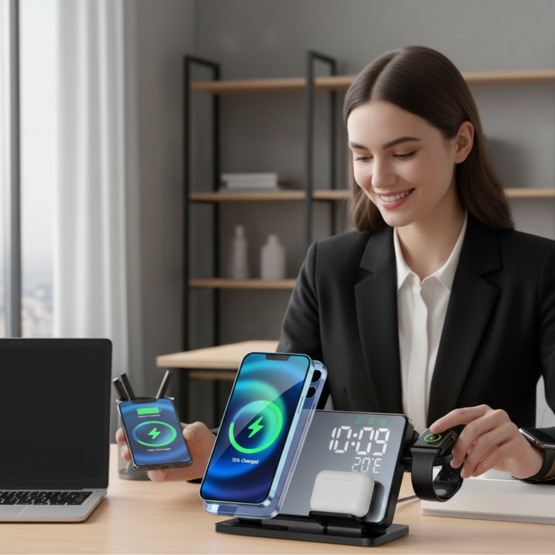 Charly| 3-in-1 Wireless Charging Station with Alarm Clock – Fast Charger for iPhone, Apple Watch & AirPods