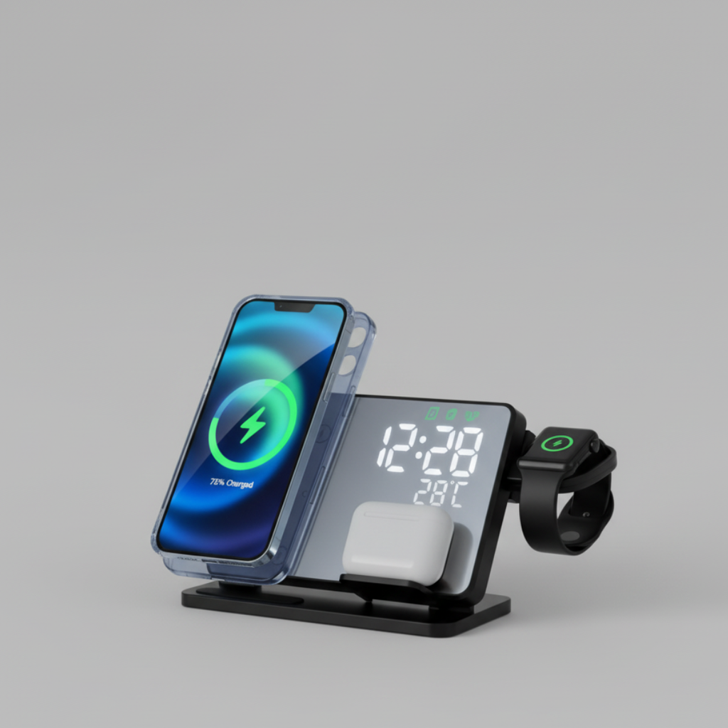 Charly| 3-in-1 Wireless Charging Station with Alarm Clock – Fast Charger for iPhone, Apple Watch & AirPods