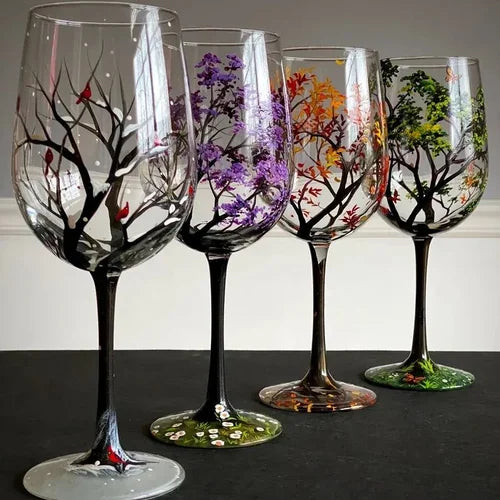 Maybell | Hand-Painted Four Seasons Tree Wine Glasses Set – Artistic Gift