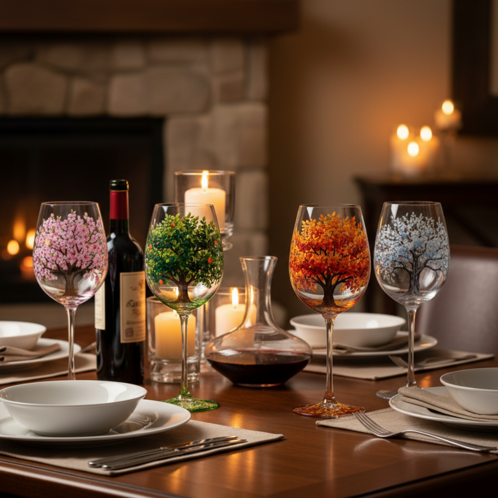 Maybell | Hand-Painted Four Seasons Tree Wine Glasses Set – Artistic Gift